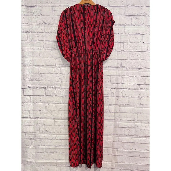 Moda International Size Medium Red Maxi Boho Dress Short Sleeve V-Neck Stretch - Picture 2 of 8